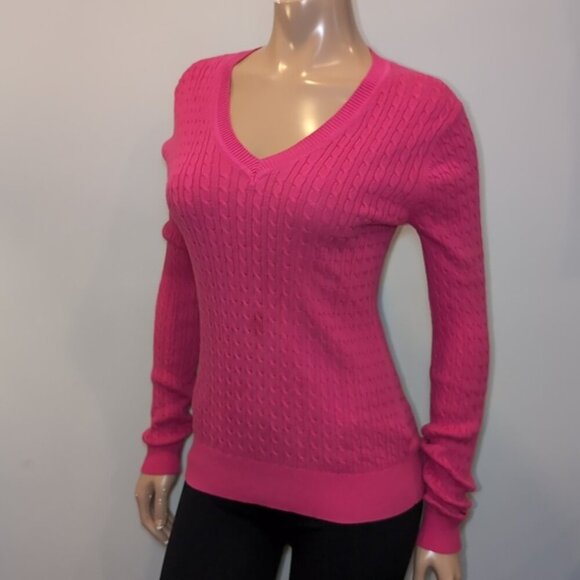 Tommy Hilfiger Pima Cotton Cable Knit Sweater Barbie Pink Vneck Pullover - Picture 3 of 11